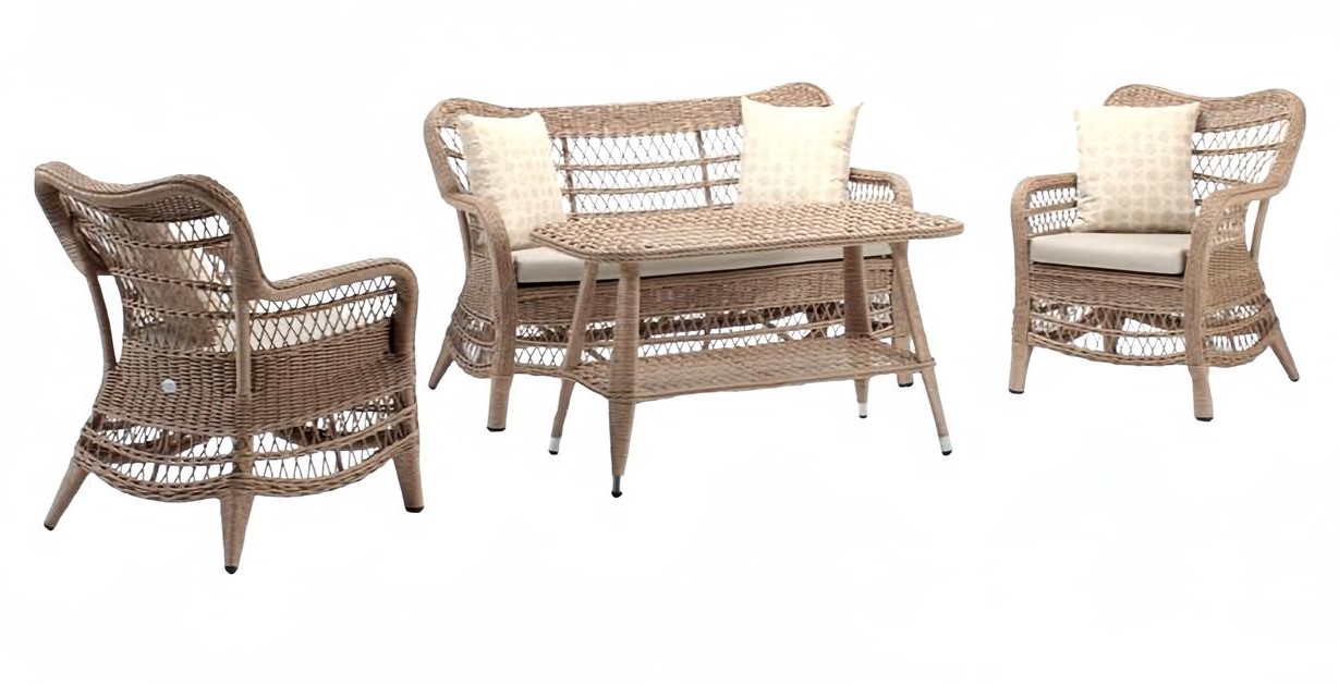 Moderne Beige Gartenmöbel Luxus Sofagarnitur Tisch Hocker Sessel Sitzgruppe