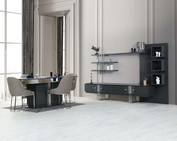 Schwarze Esszimmer Garnitur 4x Polsterstühle Luxuriöser Esstisch 6tlg