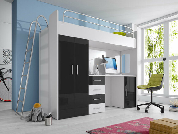 DOPPELSTOCKBETT SCHWARZ STOCKBETT KINDERZIMMER BETT ETAGENBETT MIT SCHREIBTISCH