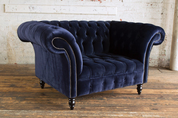 CHESTERFIELD XXL BIG 1-Sitzer Komfort-Sessel Top-Qualität Klassik Design Textil Stoff Samt Dunkelblau Polster-Couch c1 bei JV Mobel