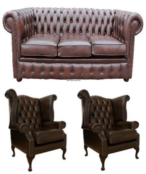 Chesterfield Klassisch Sofagarnitur Textil Dekor Leder Komplett Set Sofa