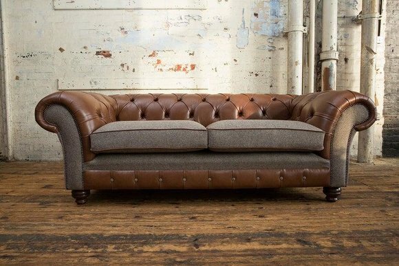 Braune 3 Sitzer Chestrerfield Leder Sofa Couch Polster Garnitur Textil