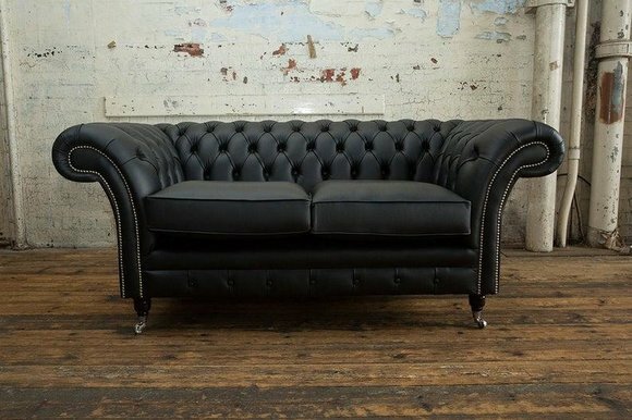 2 Sitzer Couch Polster Sofa Textil Stoff Chesterfield Couchen Garnitur Schwarz
