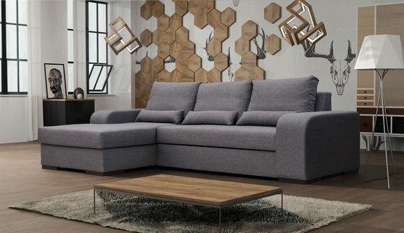 Designer Wohnlandschaft L-Form / Ecksofa Bettfunktion + Bettkasten Extra  Klasse Modern Stil Textil Stoff Grau Polster Eck Sofa Couch Schlaffunktion  Schlafsofa bei