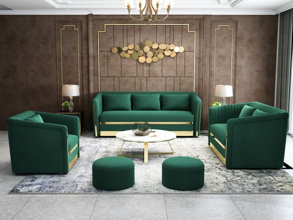 Edle Luxus Sofagarnitur 3+2+1 Dreisitzer + Zweisitzer + 1x Sessel Premium Klasse Design Stil Stoff Textil Samt Grün Dekor Elementen Metall Gold Wohnzimmer Polster Garnitur Sitzgarnitur Ledersofa Sofa Sofas Couch Couchen Lehnstuhl