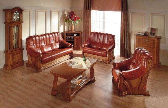 Wohnzimmer Sofagarnitur Couch Polster Sitz Sofa Leder Holz 3+2+1 Set