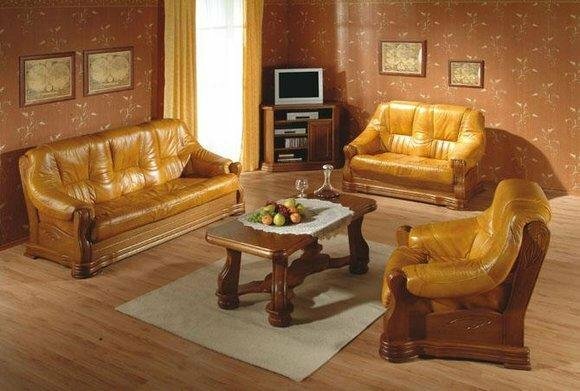 Sofagarnitur Holz Leder 3+2+1 Komplettes Set Klassik Sitz Polster Couchgarnitur