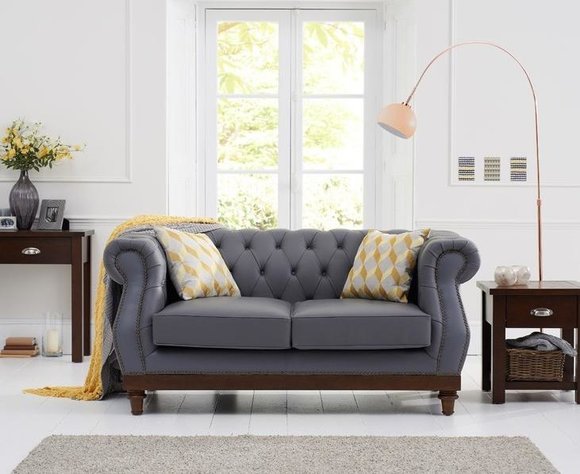 Klassische Leder Couch - Graue Chesterfield Stoff Sofa 2 Sitzer Neu