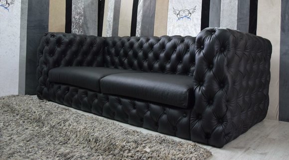 Schwarze Chesterfield 3 Sitzer Couch Sofa 100% Vollleder Designer
