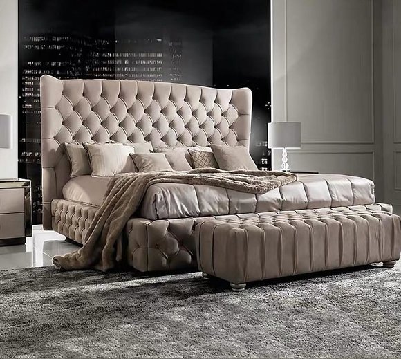 Echtes Chesterfield Bett Doppel Hotel Betten Textil Polster 160x200cm Stoff