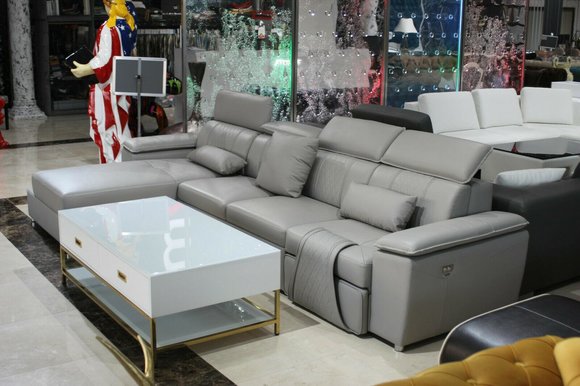 Ecksofa L-Form Sofa Couch Design Grau Polster Leder Modern Relax Fuß