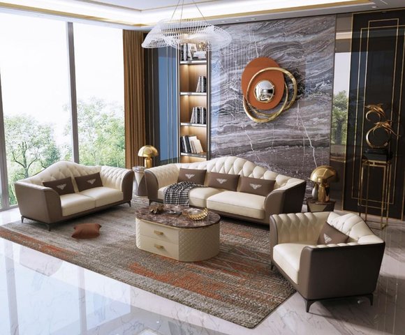 Italienische Sofagarnitur Leder Sitz Polster Couch 3+2+1 Gruppe Garnituren