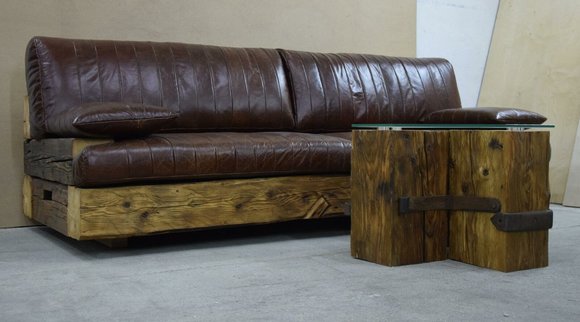 Natur Sofa Leder Holz Bank Sitz Polster Couch Dreisitzer Echte Handarbeit 3er