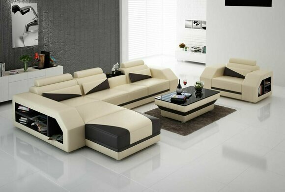 Ledersofa Wohnlandschaft Ecksofa L-Form mit Sessel Set Garnitur Modern