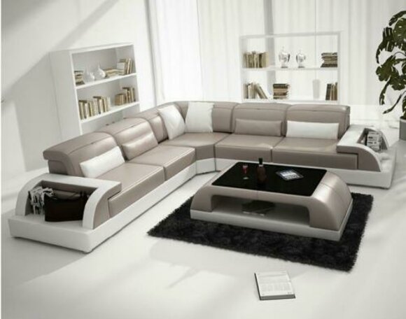 Ecksofa L-Form + Couchtisch Sofa Couch Design Grau Polster Leder
