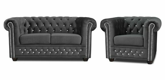 Chesterfield Textil Couch Polster 2Sitzer Stoff Sofas Couchen Zweisitzer Schwarz