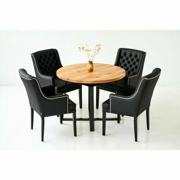 Essgarnitur Tisch + 4 Chesterfield Stühle Stuhl Holz Sitz Polster Garnitur