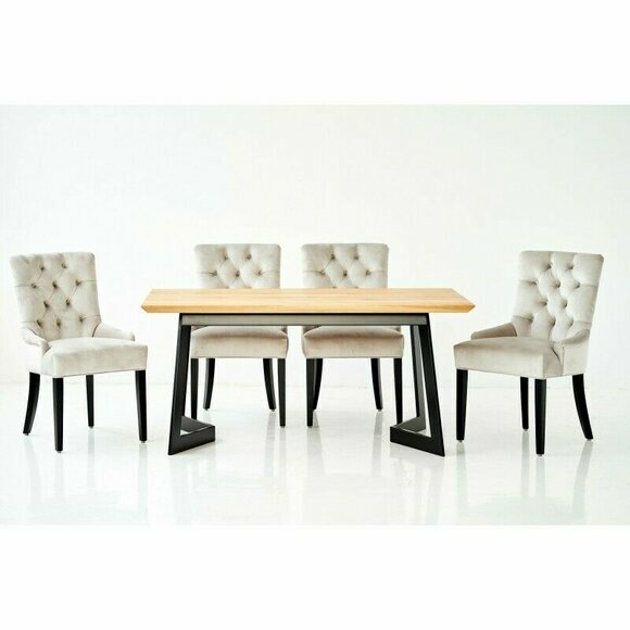 Design Esszimmer Tisch + 4 Chesterfield Lehnstühle Sitz Gruppe Stühle