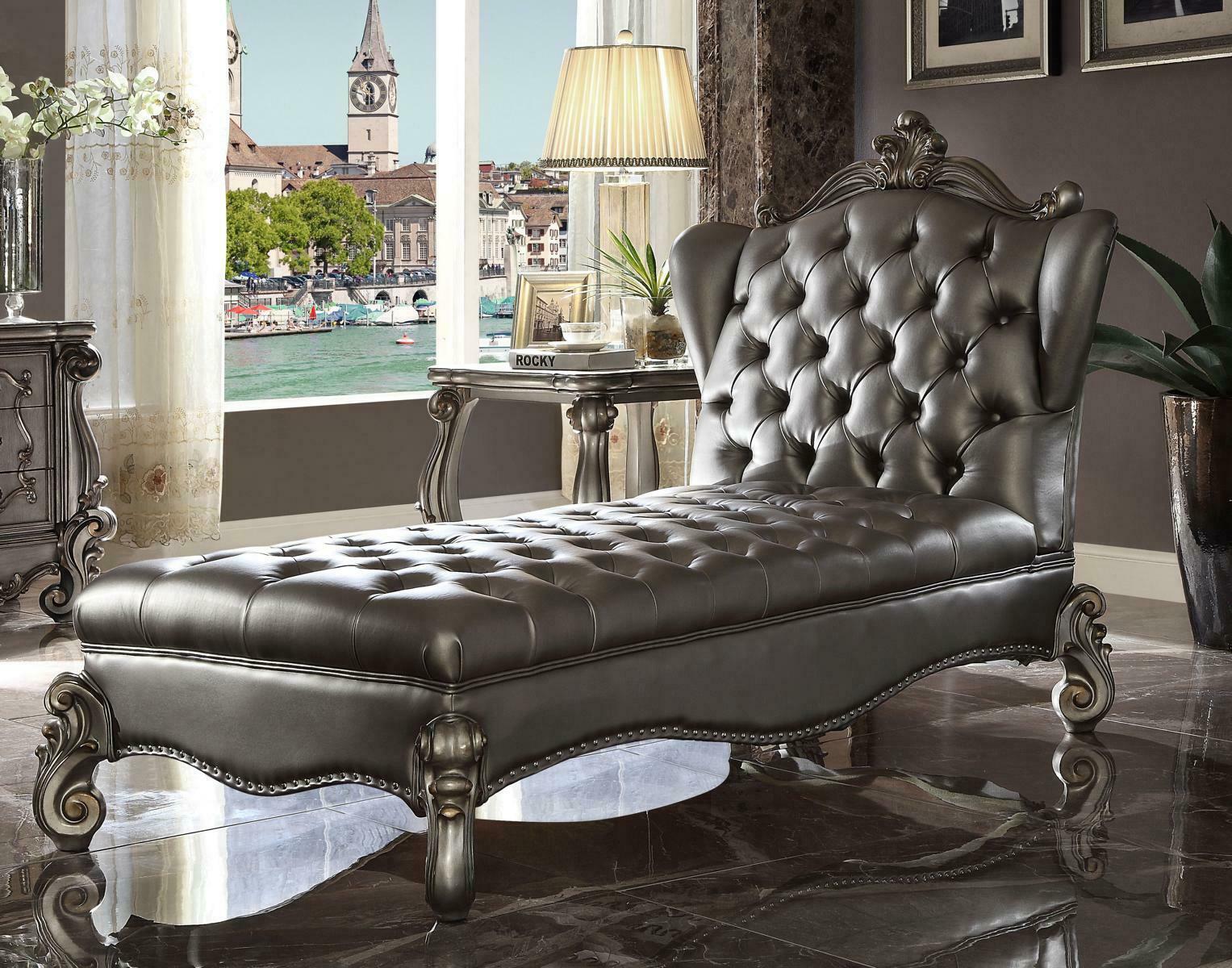 Chaiselongues Chesterfield Liege Chaise Leder Sofa Relax Silber Barock