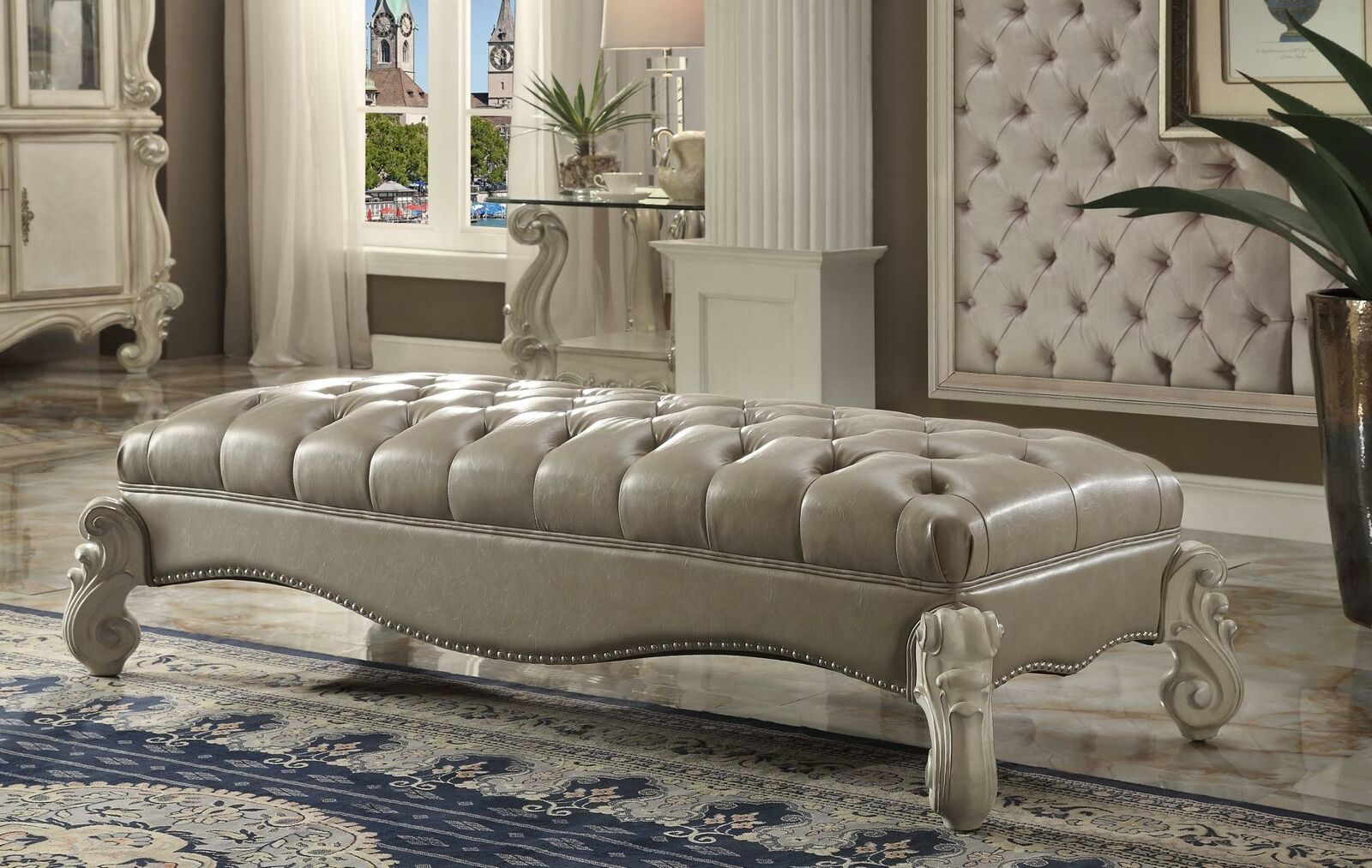 Hocker Beistell Chaiselounge Fußhocker Chesterfield Leder Ottomane Barock