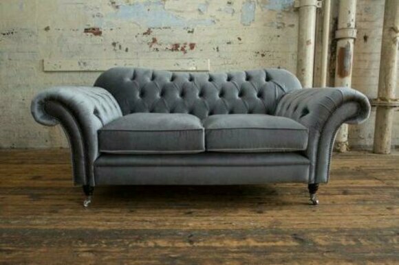 2 Sitzer Couch Polster Sofa Textil Stoff Chesterfield Couchen Garnitur Grau