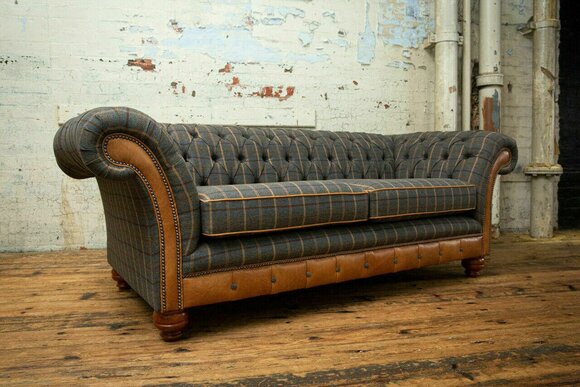 Design Chesterfield 3 Sitzer Stoff Couch Grau Polster Sofas Sofa England 225cm