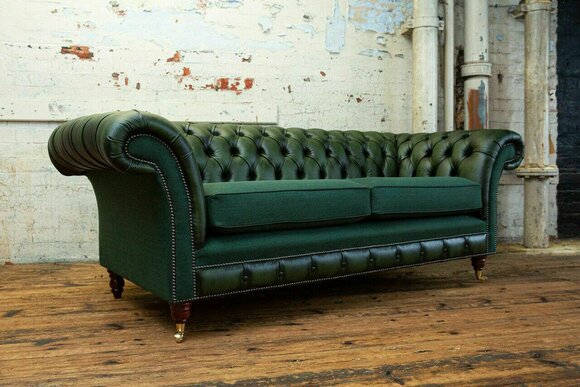 Chesterfield Sofa 3 Sitzer Couch Sofas Couchen Grüne Textil Knöpfe England