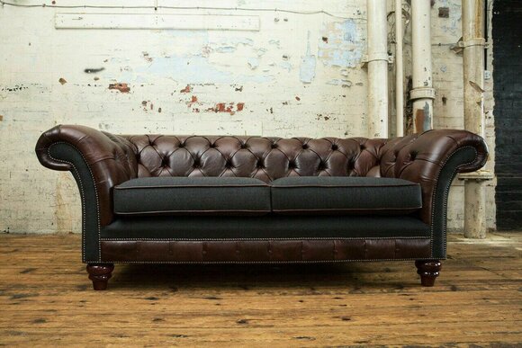 Chesterfield Braune Leder Textil Couch Klassische Sofa Sitz Polster Stoffsofas