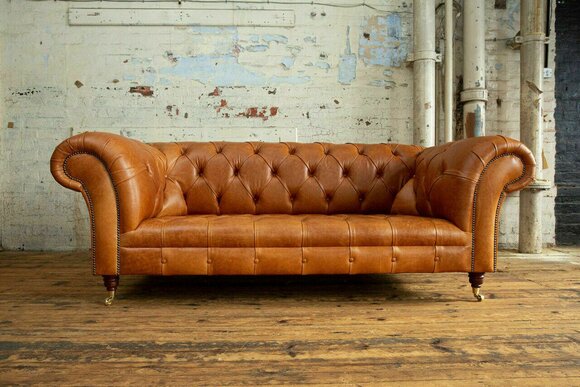 Chesterfield Orange Leder Textil Couch Klassische Sofa Sitz Polster Stoffsofas