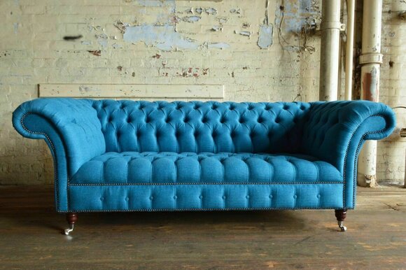 Blaue Chesterfield Leder Textil Couch Klassische Sofa Sitz Polster Stoffsofas