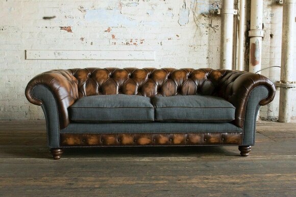 Chesterfield Klassische Braun Leder Textil Couch Sofa Sitz Polster Stoffsofas