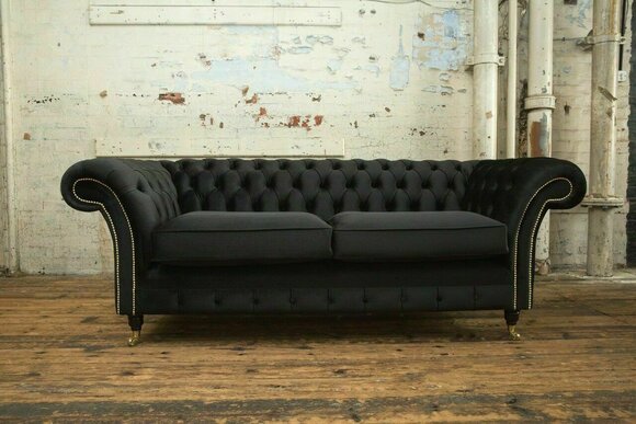 Klassische Chesterfield Schwarz Textil Leder Couch Sofa Sitz Polster Stoffsofas