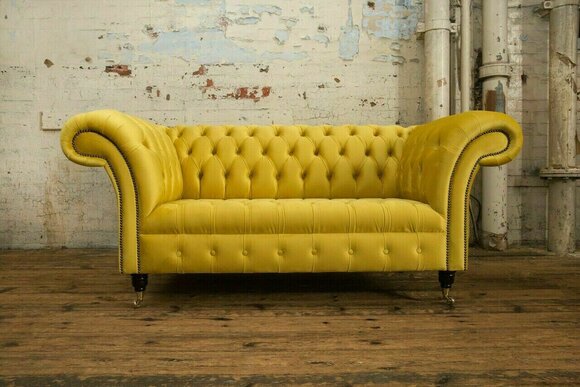 Gelbe Chesterfield Textil Couch Zwei Sitzer Polster Sofa 185cm Stoff Leder neu