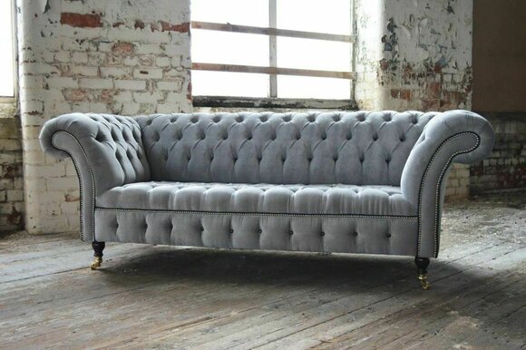 Graue Chesterfield Sofa Couch Design Polster Sofas Couchen Stoff Textil Leder