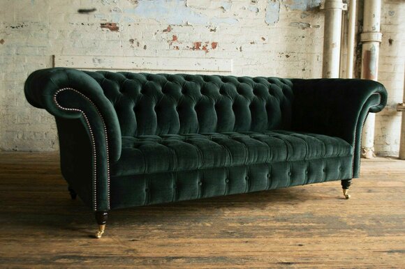 Chesterfield 3 Sitzer Polster Couch Leder Sofa Couchen Textil Modern Stil Grün