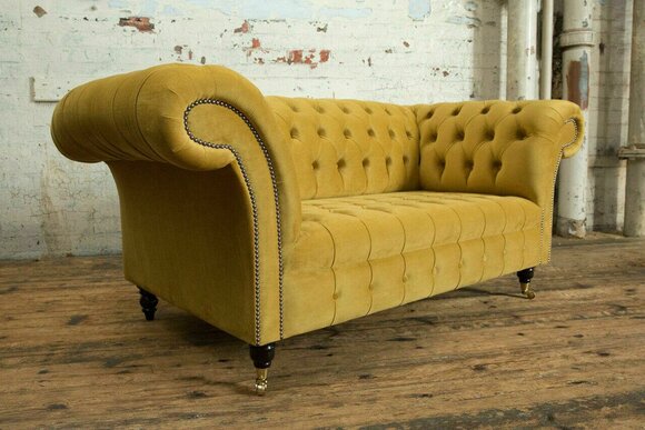 Chesterfield Sofa 2 Sitzer Polster Designer Couchen Sofas Garnitur Gelb Samt Neu