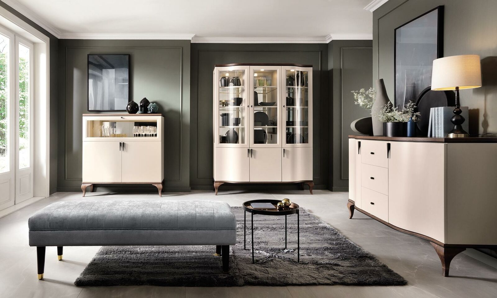 Wohnzimmer Möbel Set - Kommode Barschrank Vitrine 3tlg. Set Desing