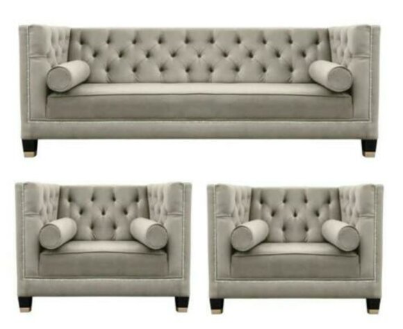 Beige Sofagarnitur Chesterfield Sessel Luxus Möbel Textil Stoff Wohnzimmer Neu