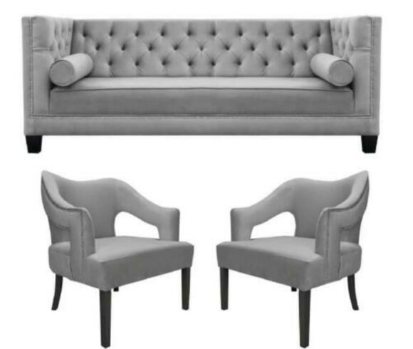 Silber Samt Garnituren Sofagarnitur 3tlg. Set Couch Sitz Polster Chesterfield