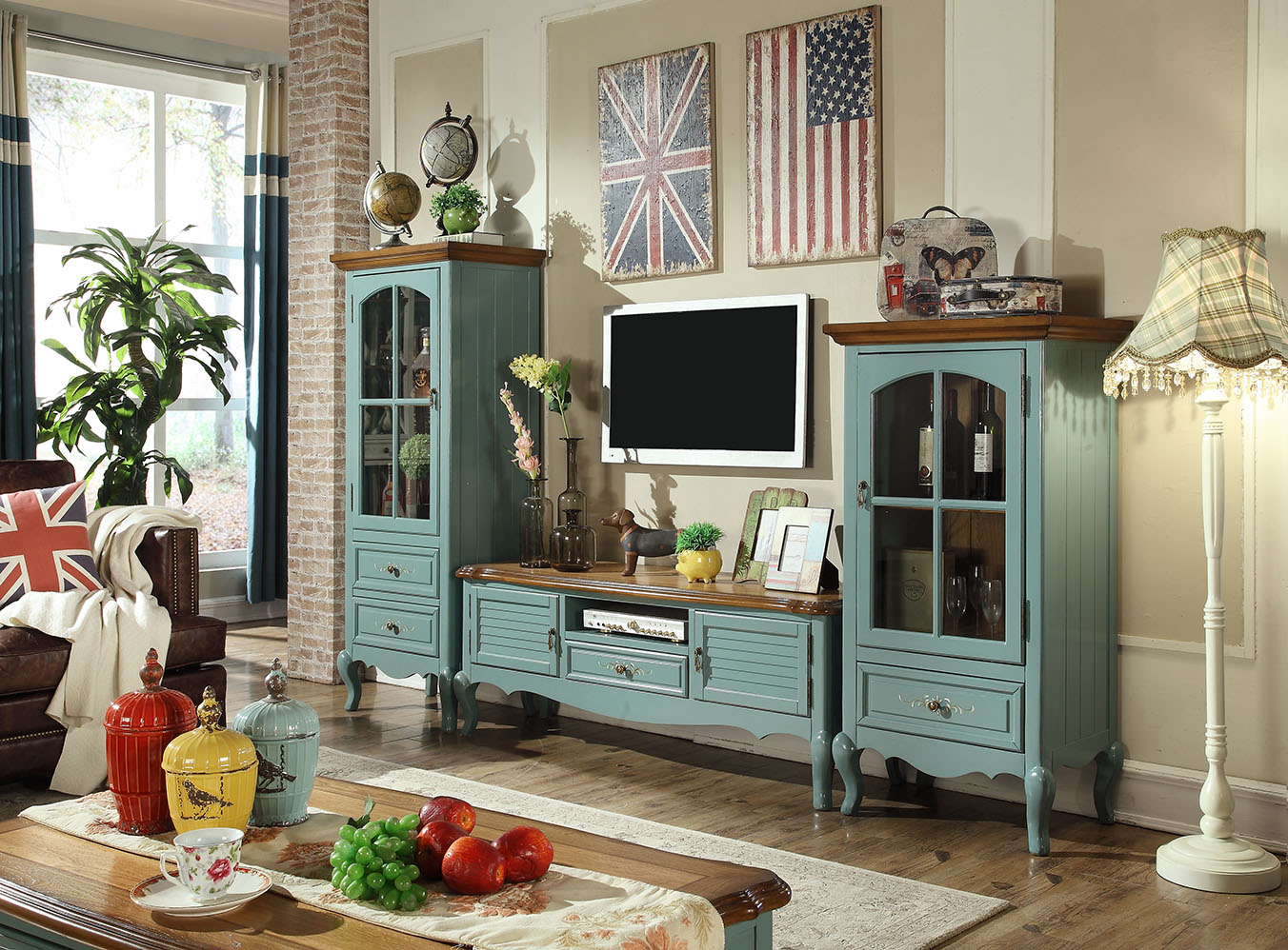 landhaus stil wohnwand wohnzimmer vitrine sideboard rtv holz schrank möbel  3tlg.