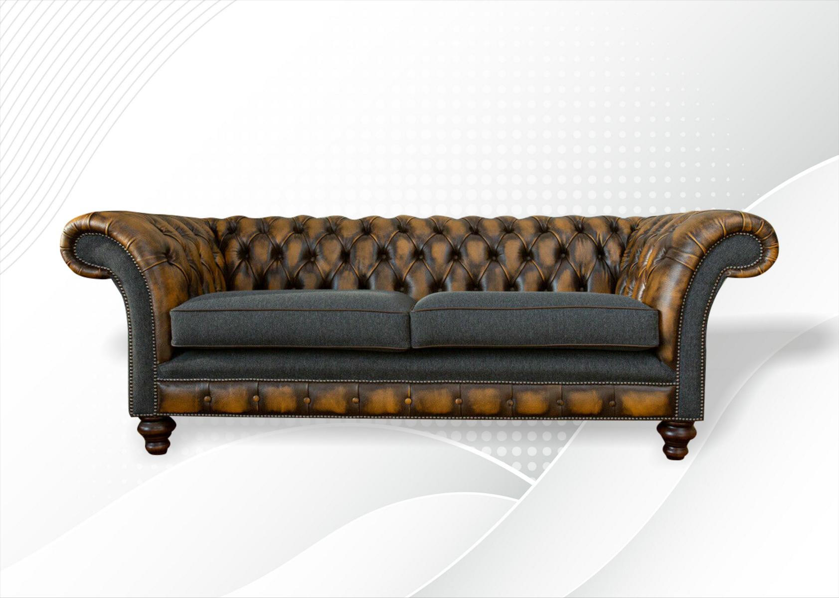Chesterfield 3 Sitzer Braune Leder Stoff Wohnzimmer Modern Luxus Möbel