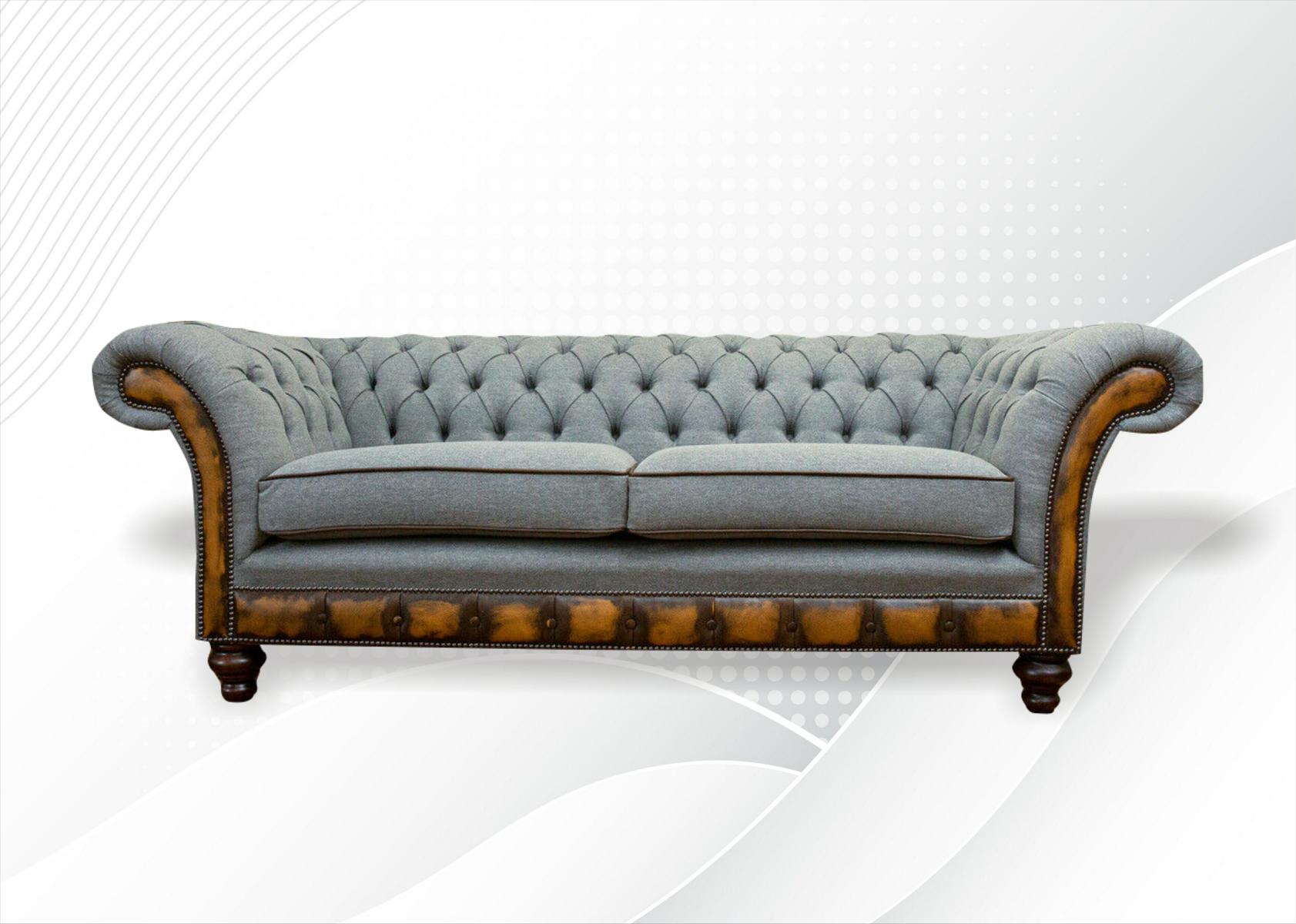Chesterfield 3 Sitzer Grau Design Couchen Polster Sofas Samt Stoff Textil