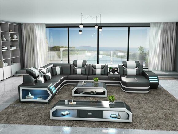 Ecksofa U Form Couchtisch Wohnlandschaft Polster Eckcouch Couch Leder Ecksofa