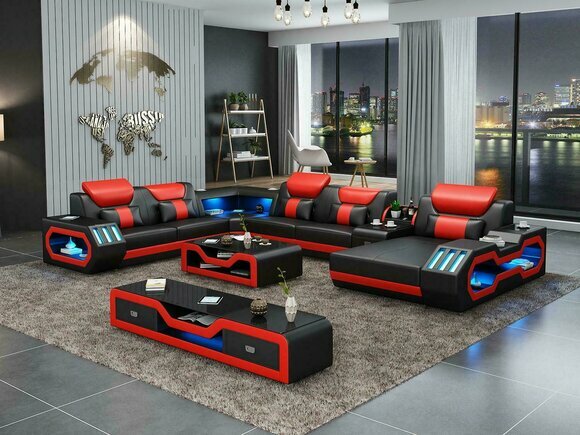 Wohnlandschaft Couch Polster Garnitur Sofa 3tlg. Set Couchtisch Sideboard Leder