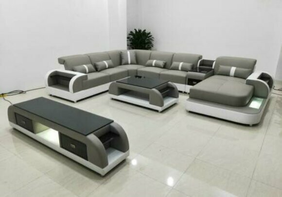 Garnitur Design Wohnlandschaft Ecksofa Sofa Couch U-Form Couchtisch Leder 2tlg