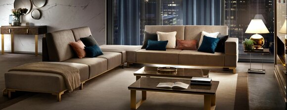 Luxus Möbel Ecksofa L Form Couch Design Polsterung Textil Sofas Holz Garnitur
