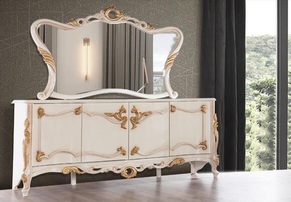 Anrichte mit Spiegel Garnitur Ess Barock Kommoden Holz Kommode Holz Schrank Neu