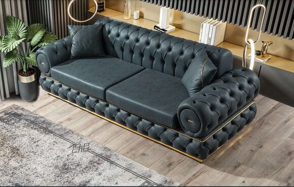 Sofa 3 Sitzer Chesterfield Polster Sofas Dreisitzer Leder Wohnzimmer Blau Möbel