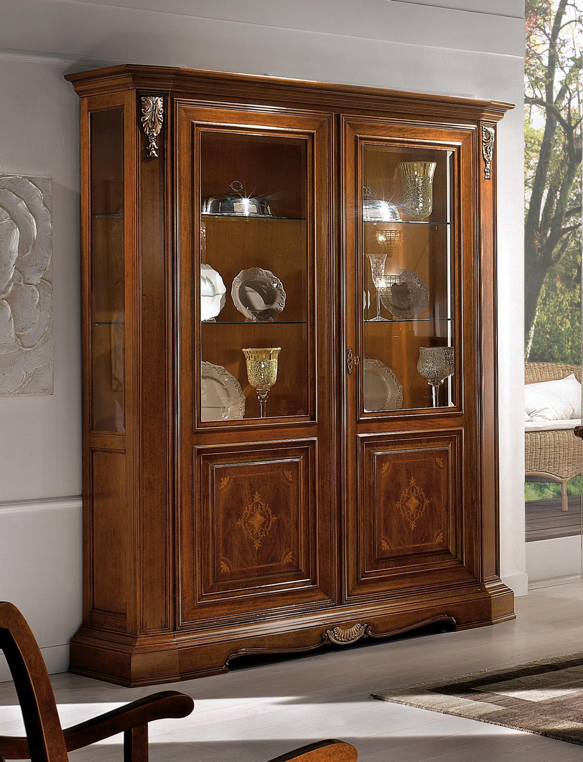 Vitrine 2 Tür Holz Schrank Vitrinen Schau Wohnzimmer Schränke Design Glas Möbel