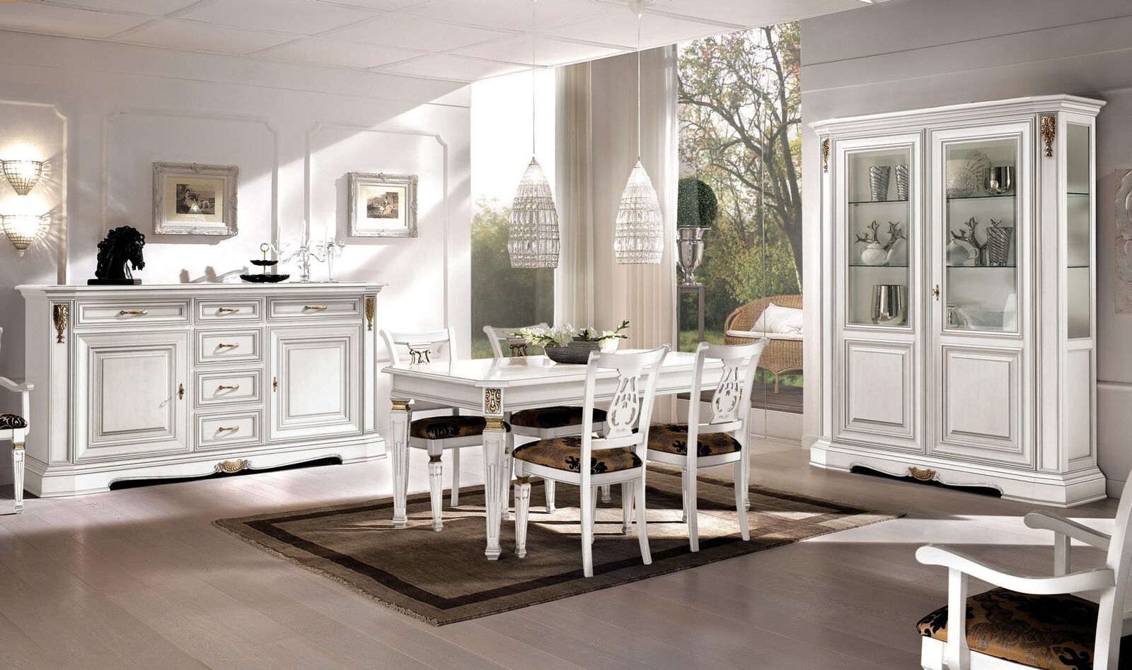 Esszimmer Esstisch Stuhl Kommode Vitrine Gruppe Garnitur Holz Weiß Set 7tlg